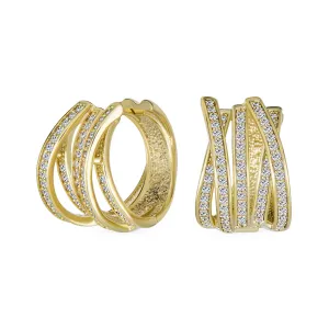 Modern Five Rows CZ Wide Criss Cross Huggie Hoop Earrings Gold Plated 0.6 Inch
