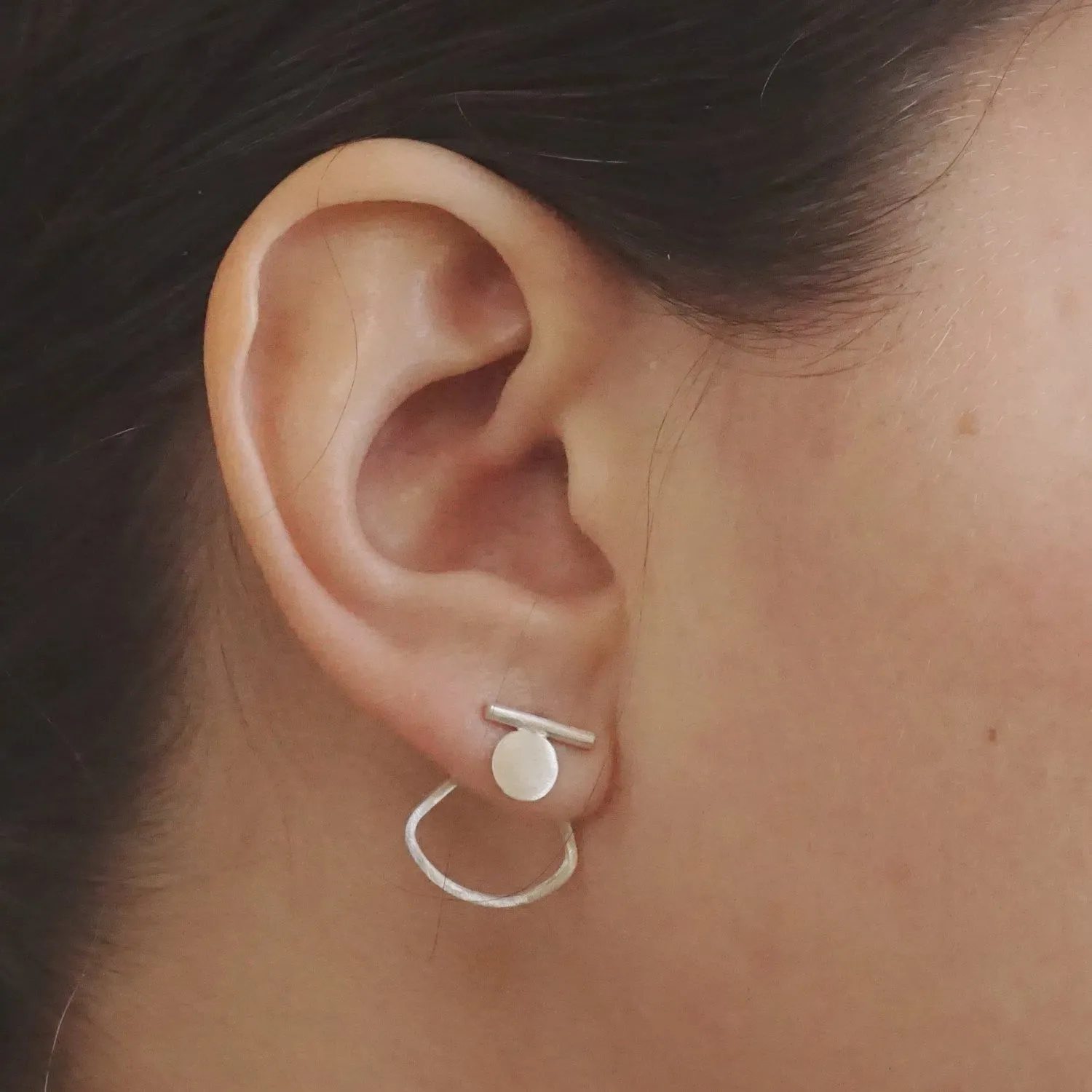 Modern Hand-Made Half Circle Ear Jacket w/ Solid Bar & Flat Circle Designer Stud Earrings - 0223