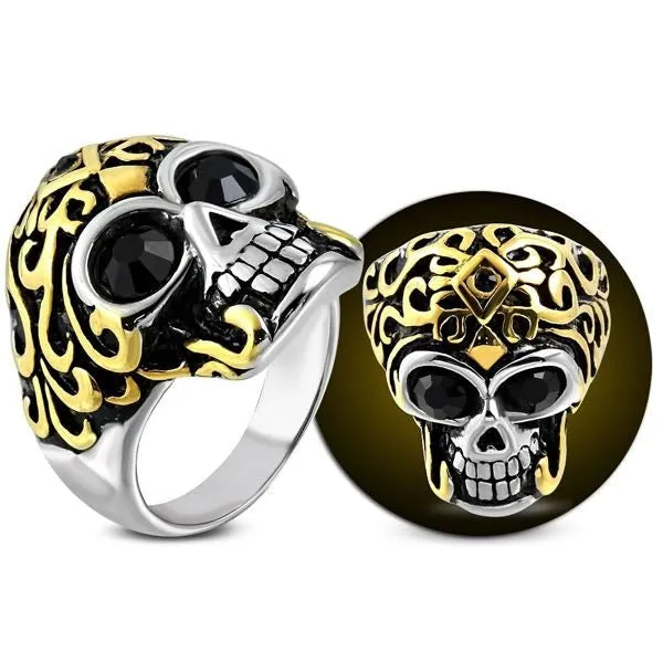 Montezumas Revenge - Golden Warrior Skull Ring With Stones in the Eyes (#330)