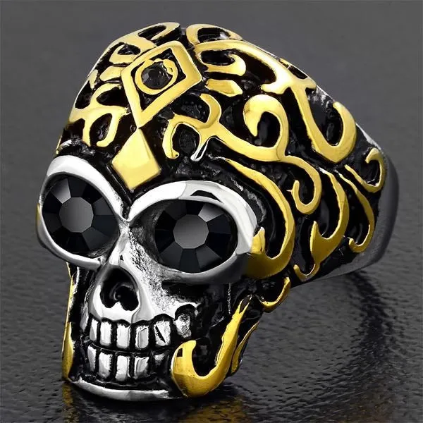 Montezumas Revenge - Golden Warrior Skull Ring With Stones in the Eyes (#330)