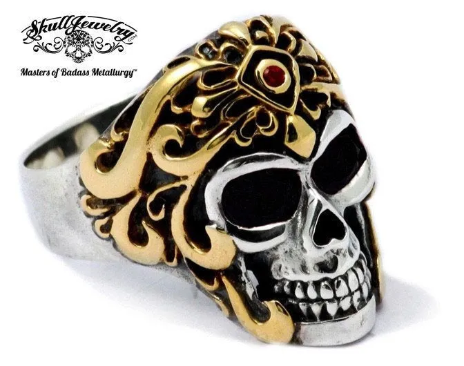 Montezumas Revenge - Golden Warrior Skull Ring With Stones in the Eyes (#330)