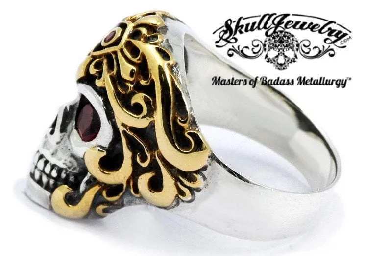 Montezumas Revenge - Golden Warrior Skull Ring With Stones in the Eyes (#330)