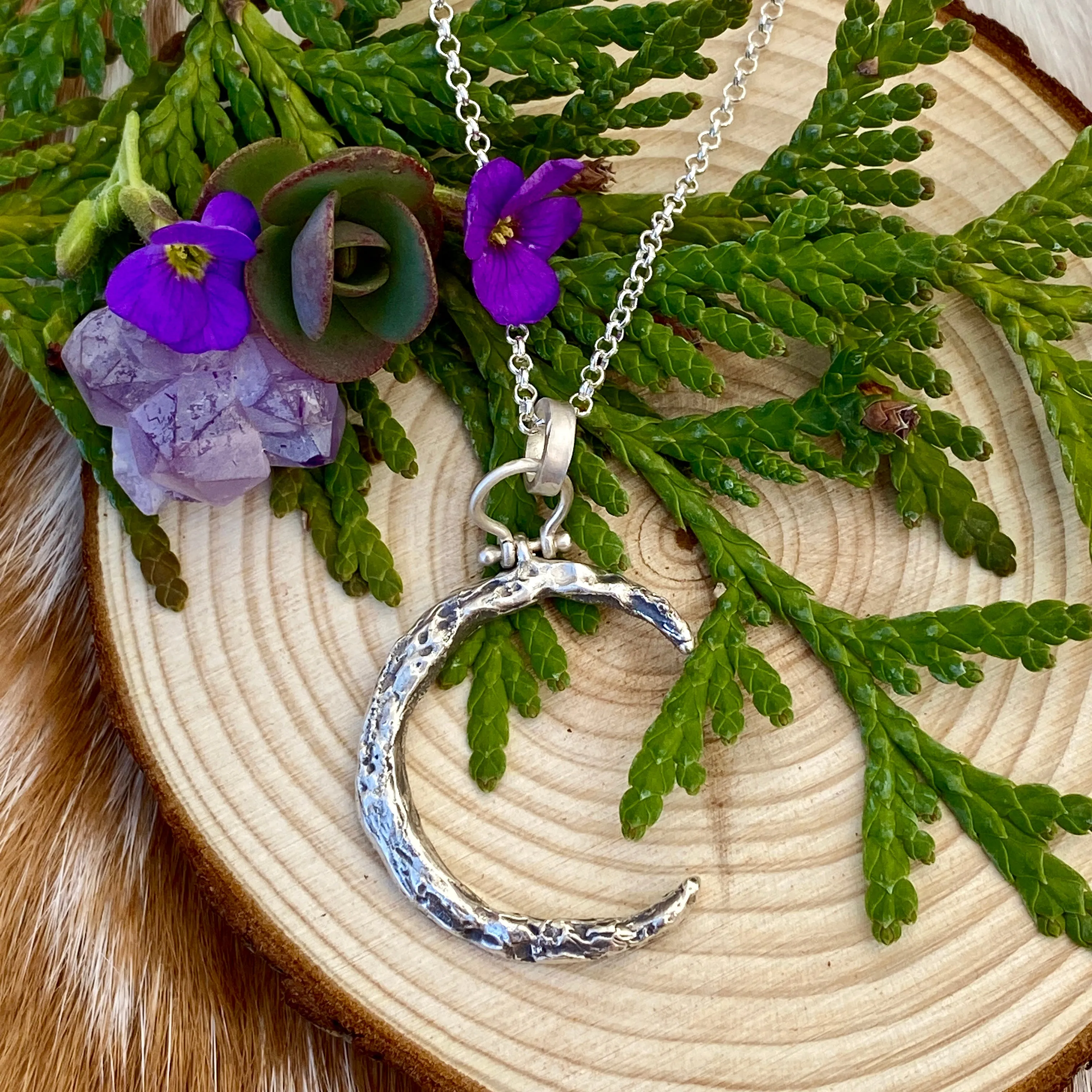 Moon Scape ~ Hand carved Crescent Moon sterling silver necklace