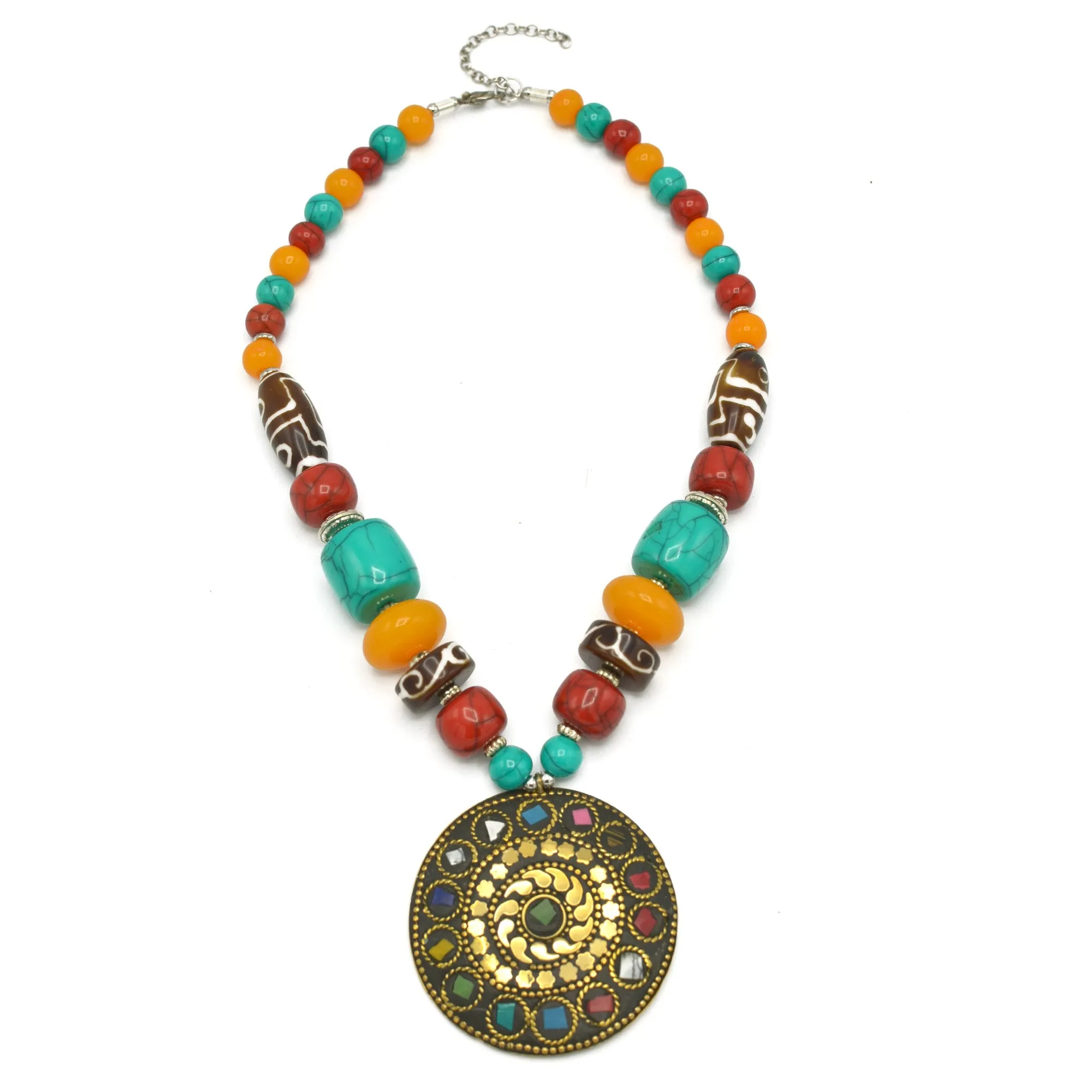 MULTI-COLOR BEAD GOLD ROUND PENDANT NECKLACE #FWNK-2202-103