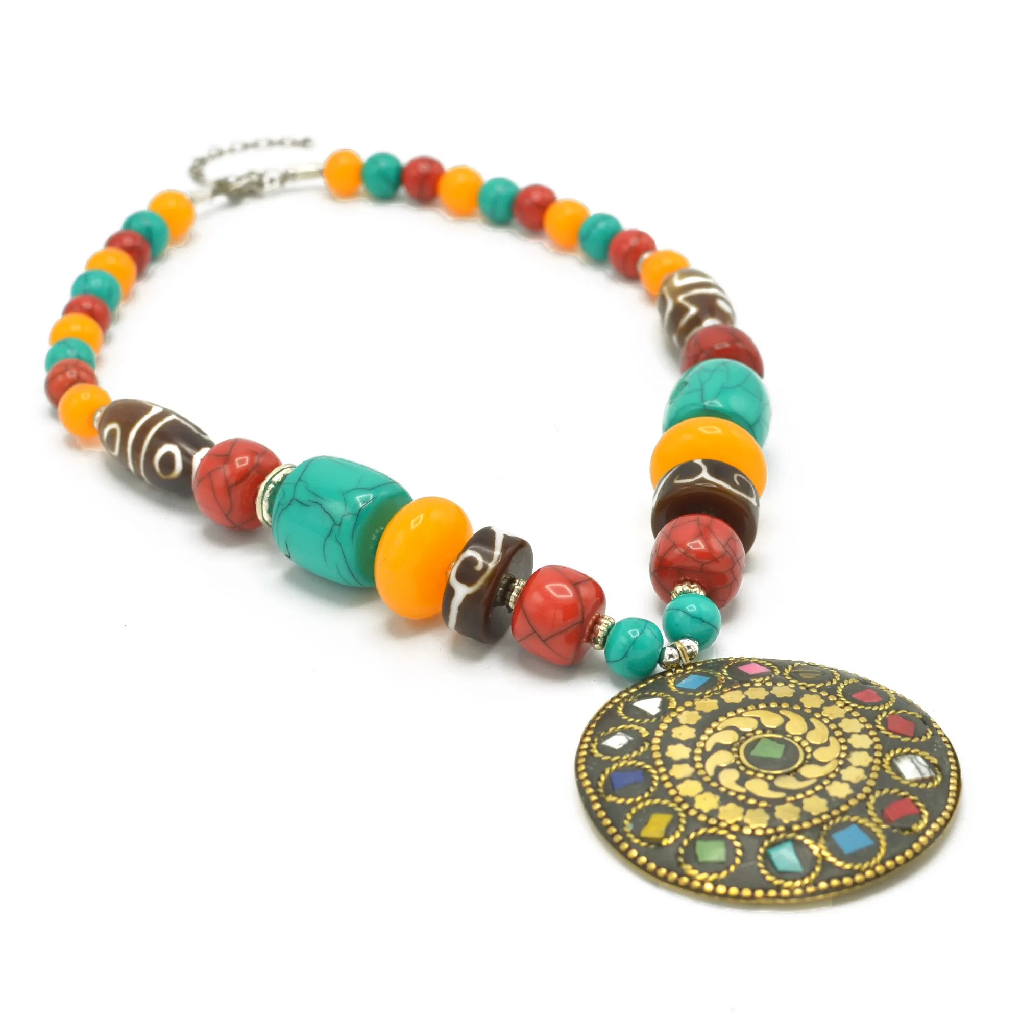 MULTI-COLOR BEAD GOLD ROUND PENDANT NECKLACE #FWNK-2202-103