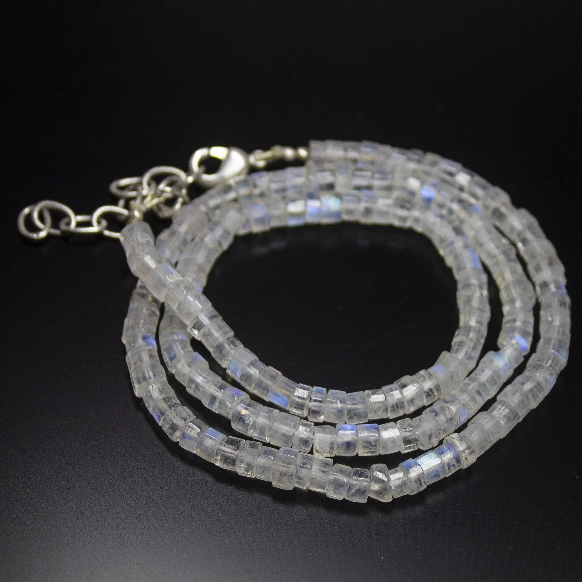Natural Blue Rainbow Moonstone Faceted Wheel Beads Necklace 4.5mm 20"
