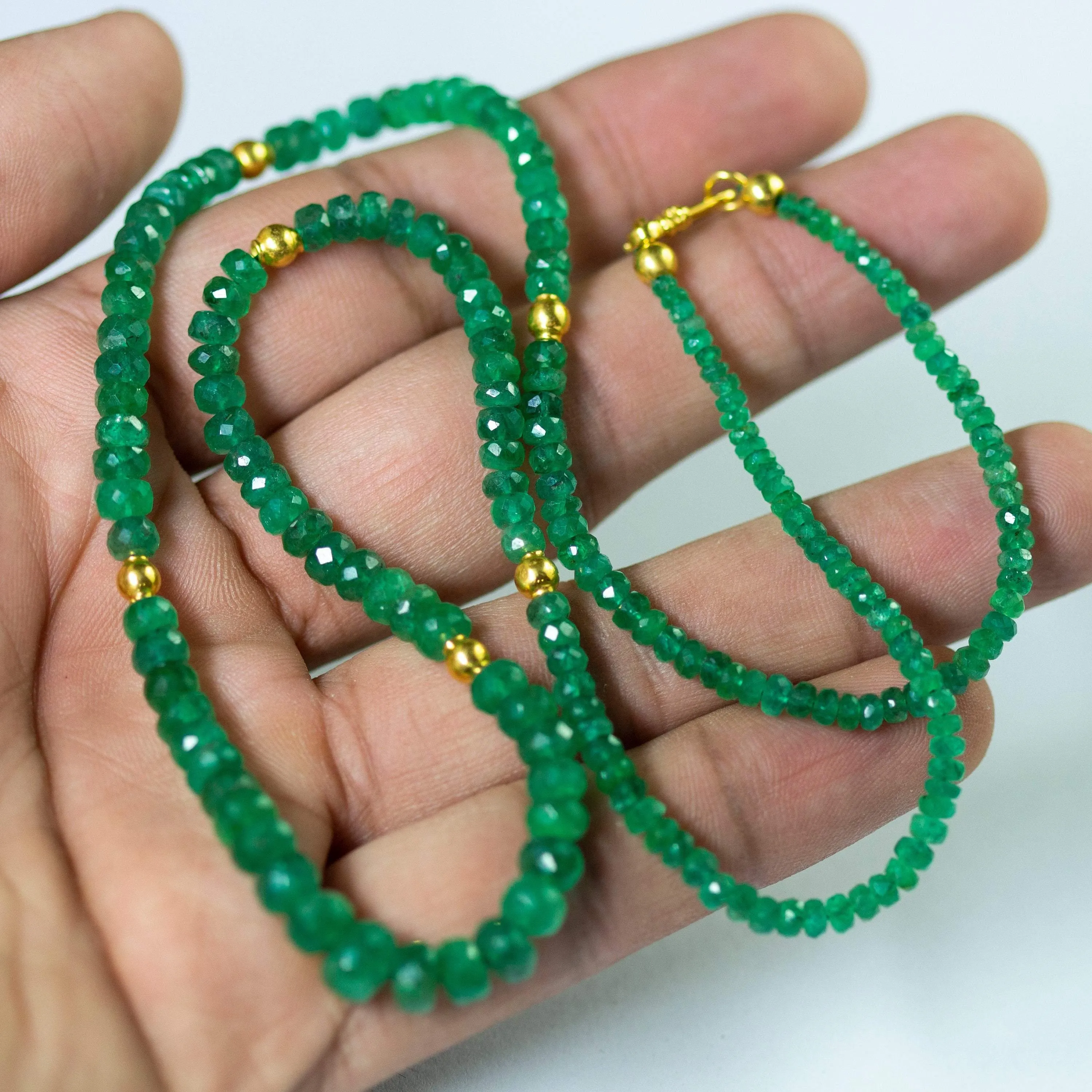 Natural Green Emerald 18K Solid Yellow Gold Clasp Designer Necklace 20"