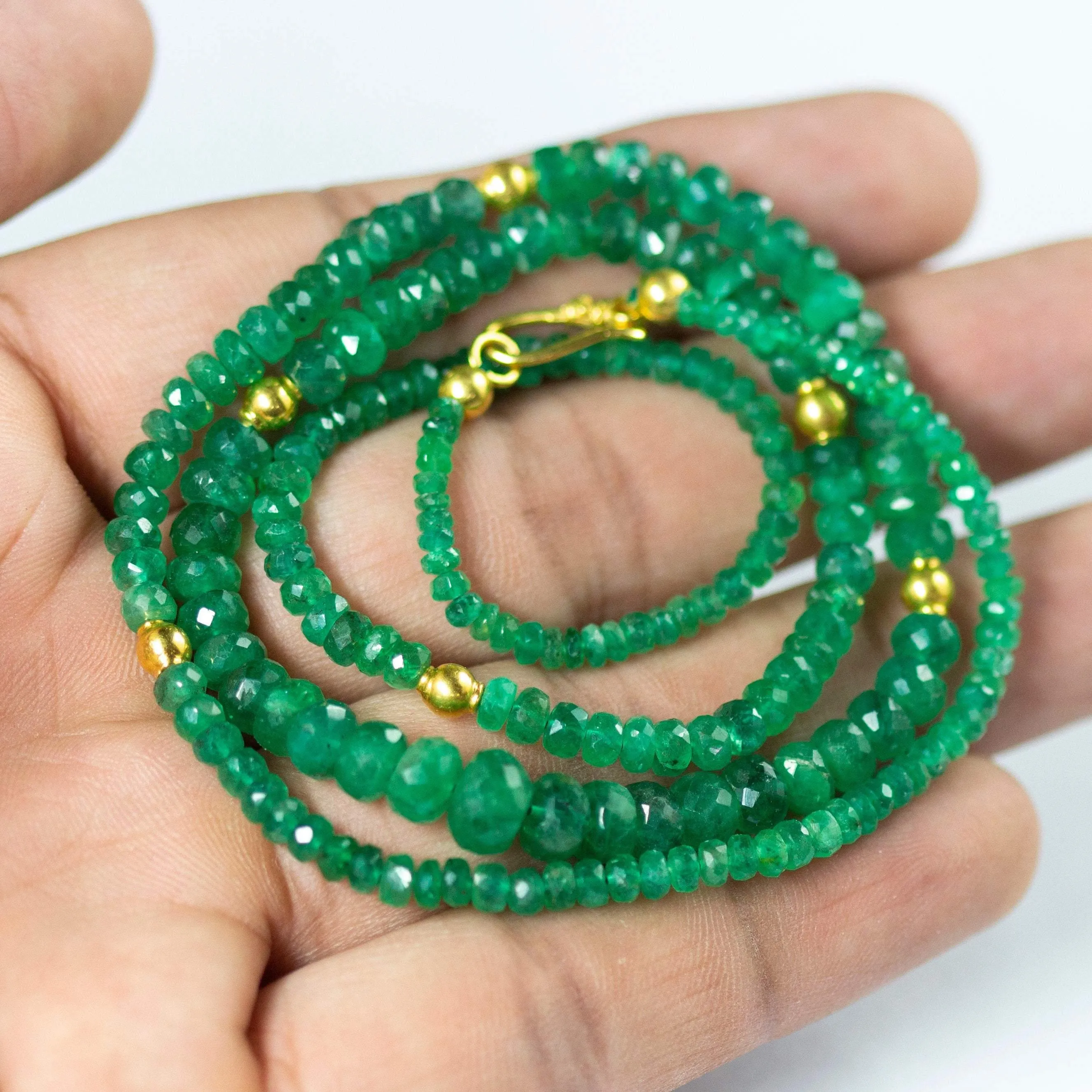 Natural Green Emerald 18K Solid Yellow Gold Clasp Designer Necklace 20"