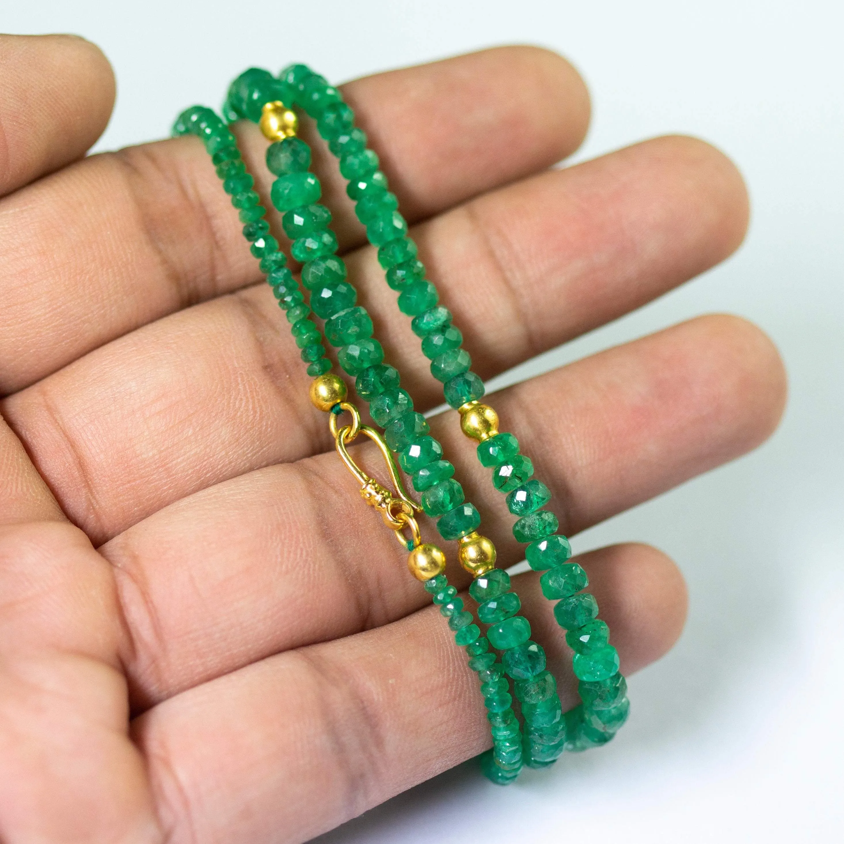 Natural Green Emerald 18K Solid Yellow Gold Clasp Designer Necklace 20"