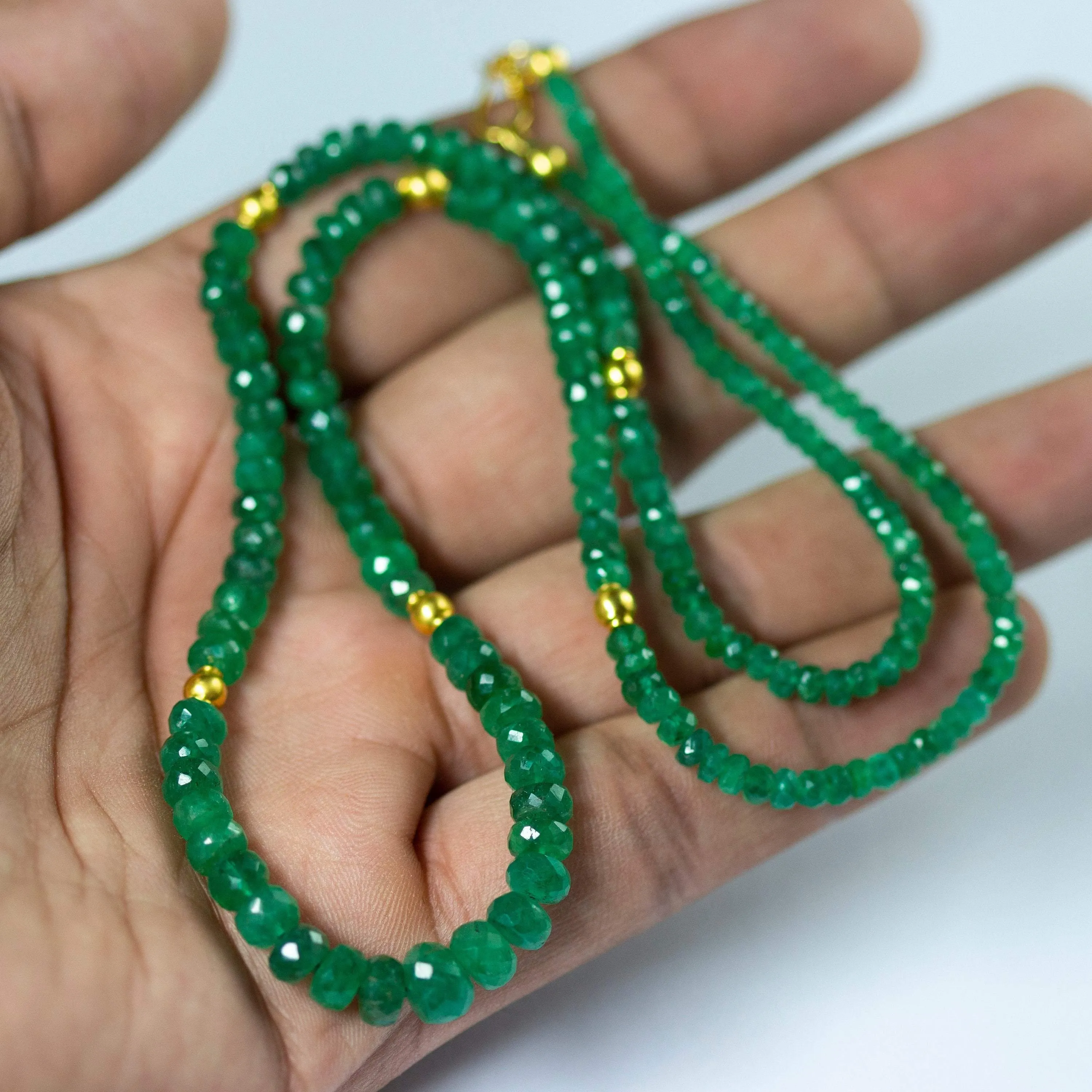 Natural Green Emerald 18K Solid Yellow Gold Clasp Designer Necklace 20"