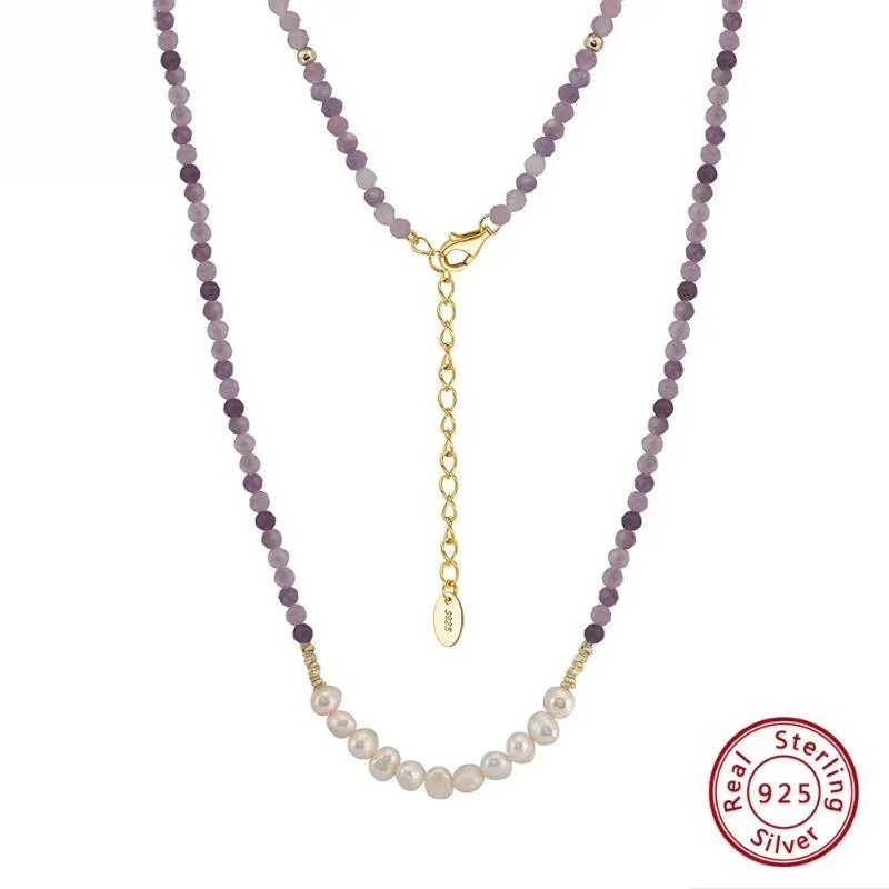 Natural Stone Beaded Purple Mica&Freshwater Pearls Round Shape Necklace 925 Silver for Women