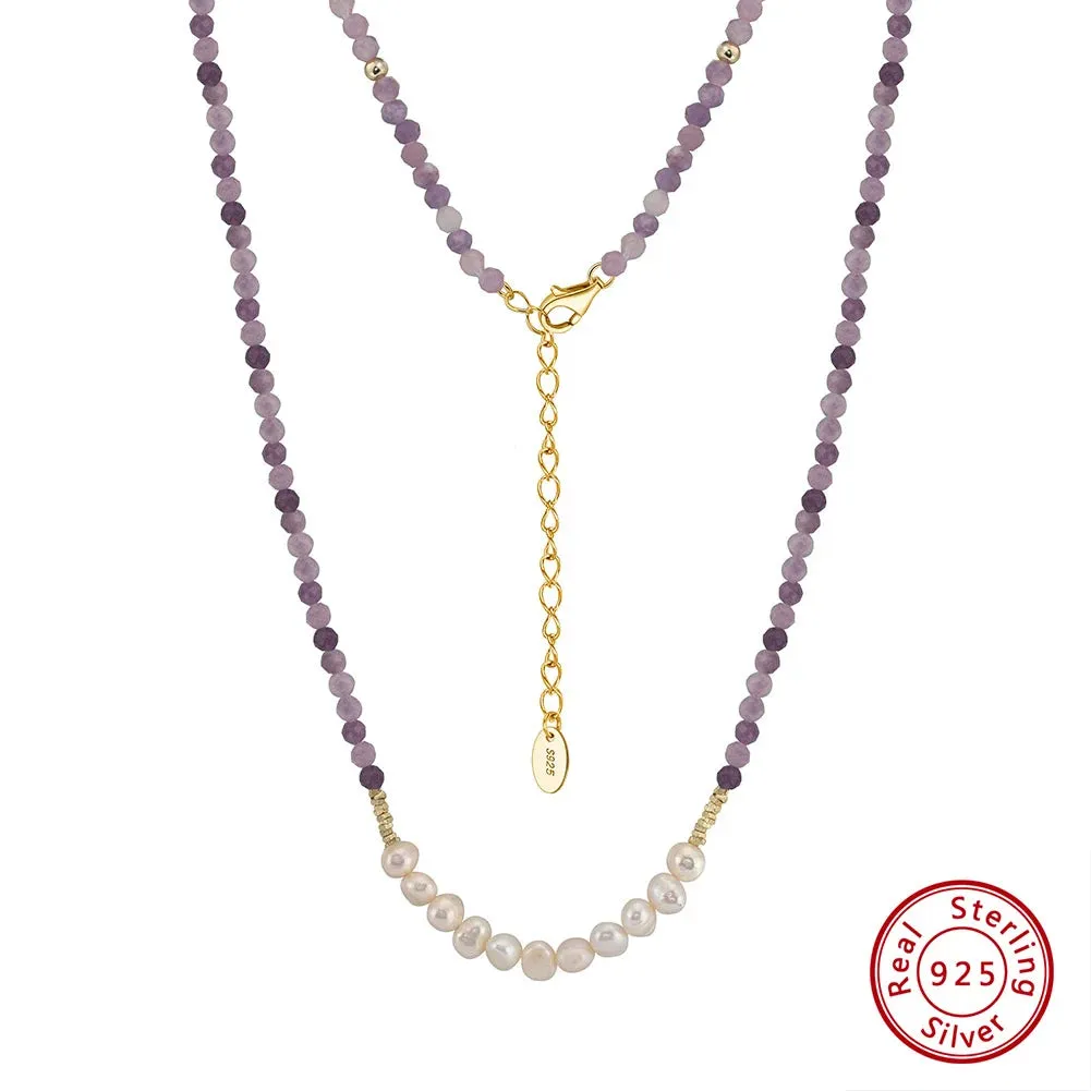 Natural Stone Beaded Purple Mica&Freshwater Pearls Round Shape Necklace 925 Silver for Women