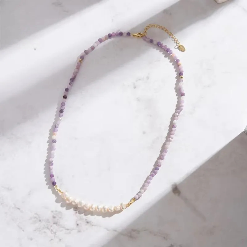 Natural Stone Beaded Purple Mica&Freshwater Pearls Round Shape Necklace 925 Silver for Women