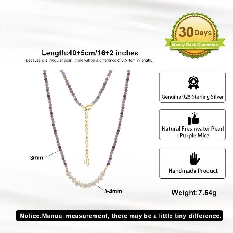 Natural Stone Beaded Purple Mica&Freshwater Pearls Round Shape Necklace 925 Silver for Women