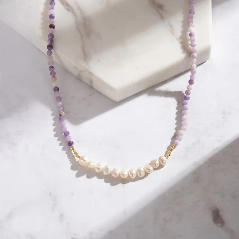 Natural Stone Beaded Purple Mica&Freshwater Pearls Round Shape Necklace 925 Silver for Women