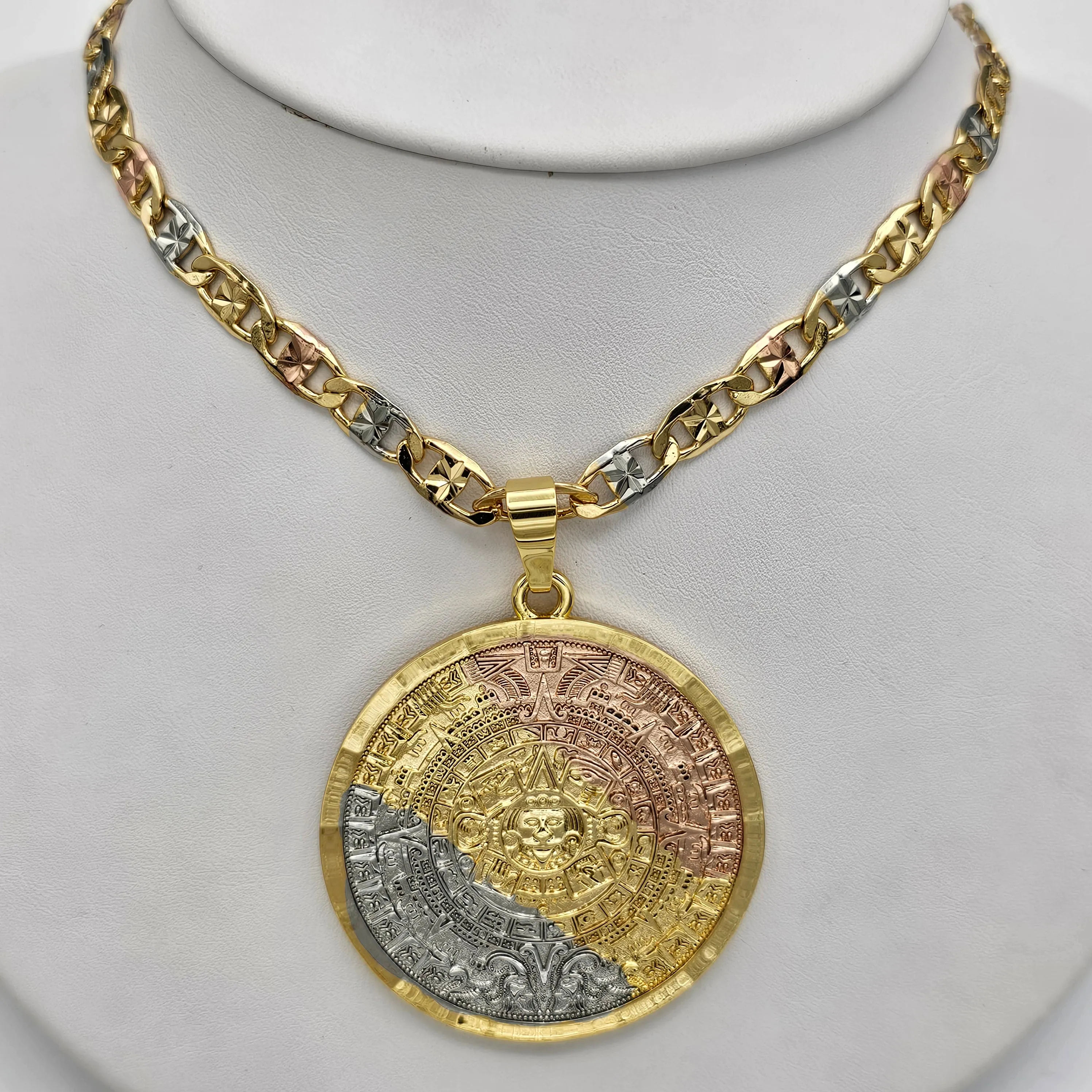Necklaces - Tri Color Gold Plated. Aztec Mexica Calendar Pendant & Chain Necklace.