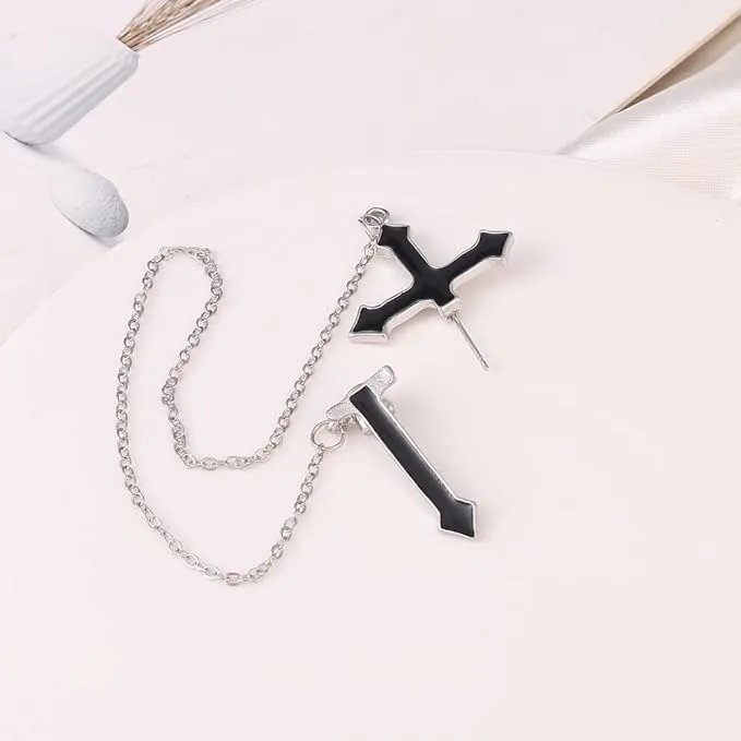 New Injoehom Cross Chain Earring For Men Women Cubic Zirconia Black Silver Goth Aesthetic Kpop Punk Cross Earrings That Go Through Ear For Teens Son Daughter INCLUDES 1 EARRING!