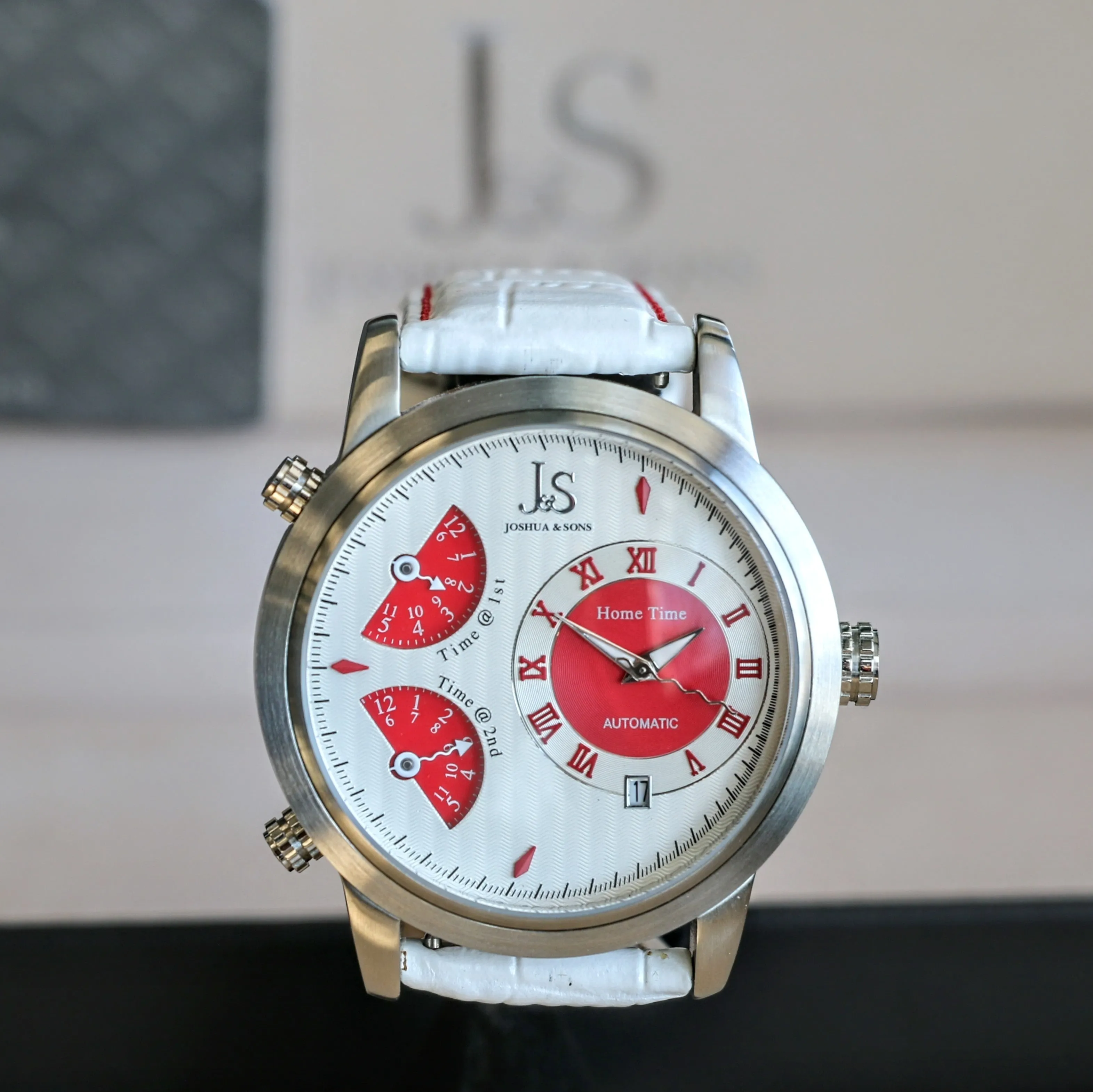 NOS J&S Joshua & Sons Automatic Watch Ref. JS-03-08 Triple Zone Time Wristwatch - In Box