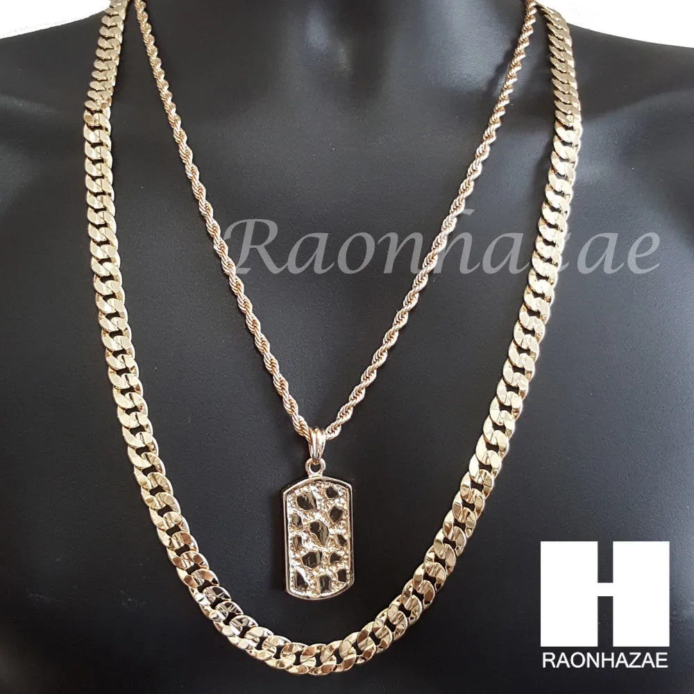 NUGGET DOG TAG ROPE CHAIN DIAMOND CUT 30" CUBAN LINK CHAIN NECKLACE S59