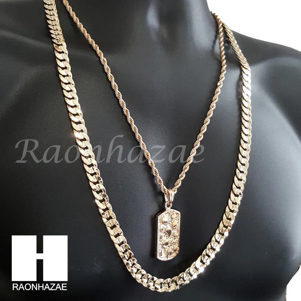 NUGGET DOG TAG ROPE CHAIN DIAMOND CUT 30" CUBAN LINK CHAIN NECKLACE S59