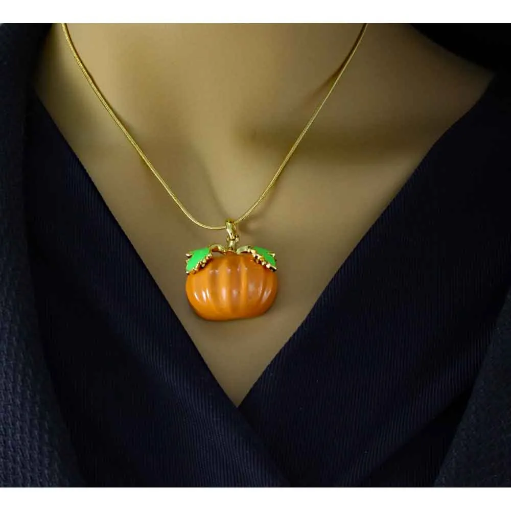 Orange Enamel Pumpkin Pendant with Gold-plated Chain - PT331