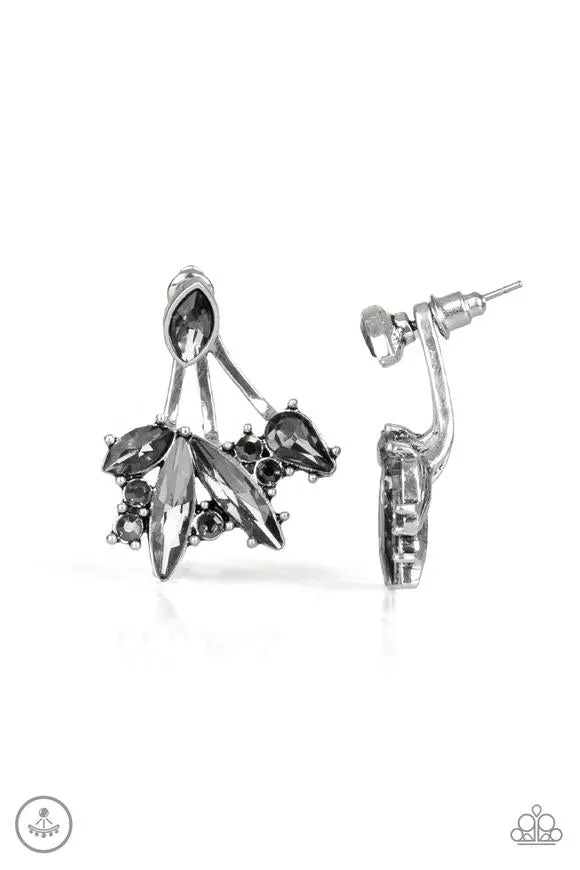 Paparazzi " Deco Dynamite " Silver Metal Smoky Gray Rhinestone Ear Jacket Earrings