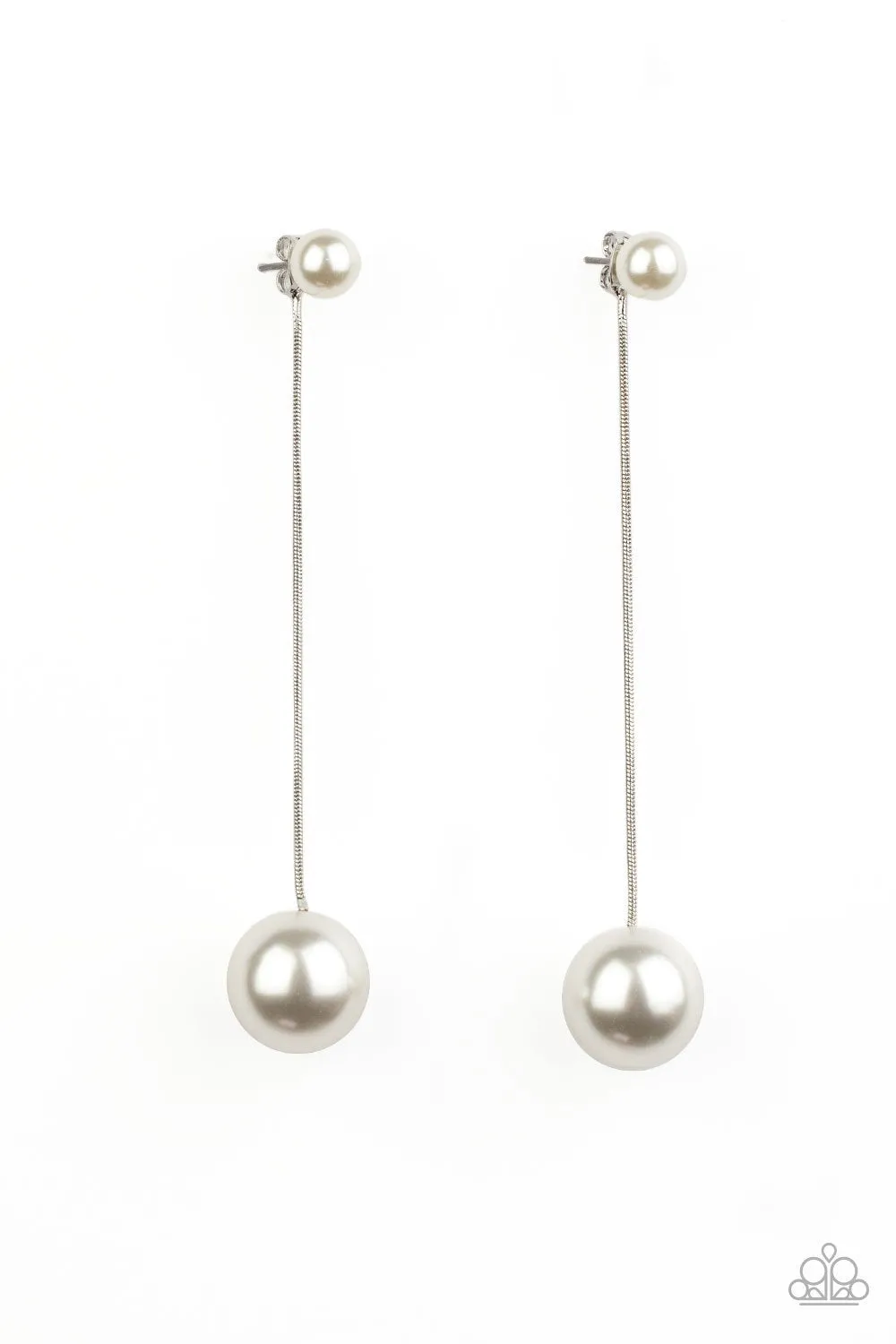 Paparazzi " Extended Elegance " Silver Metal & White Pearl Dangle Ear Jacket Earrings