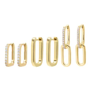 Pave/Solid Paperclip Huggie Earring Combo Set