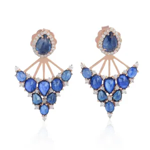 Pear Oval Blue Sapphire Precious Gemstone Prong Diamond Ear Jacket In 18K Rose Gold