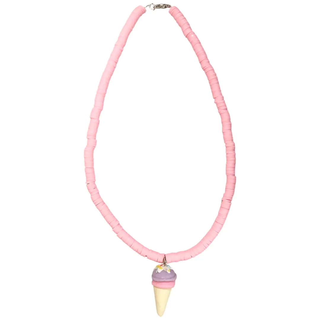 Pink Beaded Necklace with Purple Ice Cream