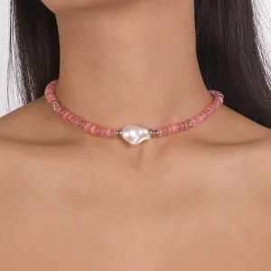 Pink Quartz & Pearl Beaded Choker Necklace