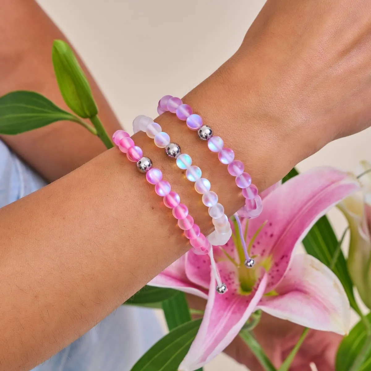 Pink | Silver | Mermaid Glass Macrame Bead Bracelet