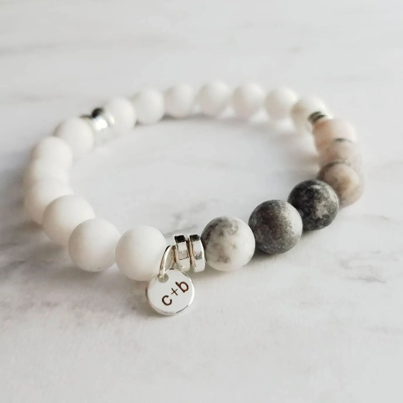 Pink Stretch Bracelet Set - white & zebra jasper/pink Peruvian opal/round matte grey gray stone beads/silver bead tube simple elastic