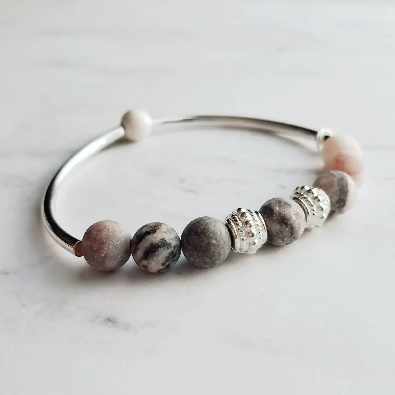 Pink Stretch Bracelet Set - white & zebra jasper/pink Peruvian opal/round matte grey gray stone beads/silver bead tube simple elastic