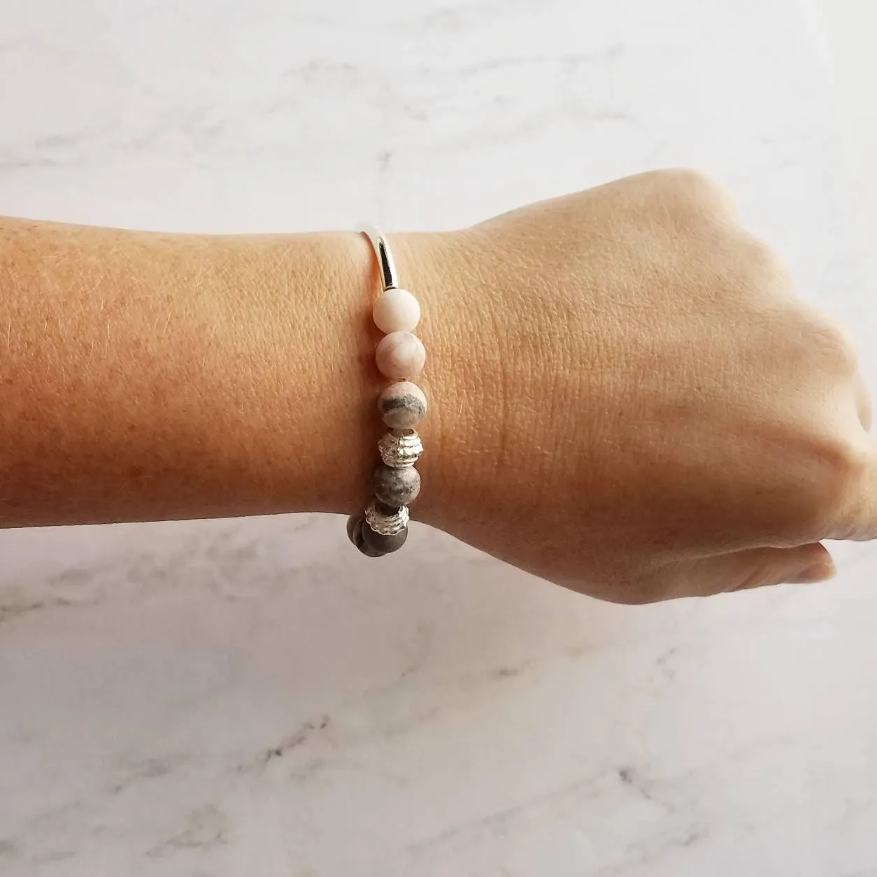 Pink Stretch Bracelet Set - white & zebra jasper/pink Peruvian opal/round matte grey gray stone beads/silver bead tube simple elastic