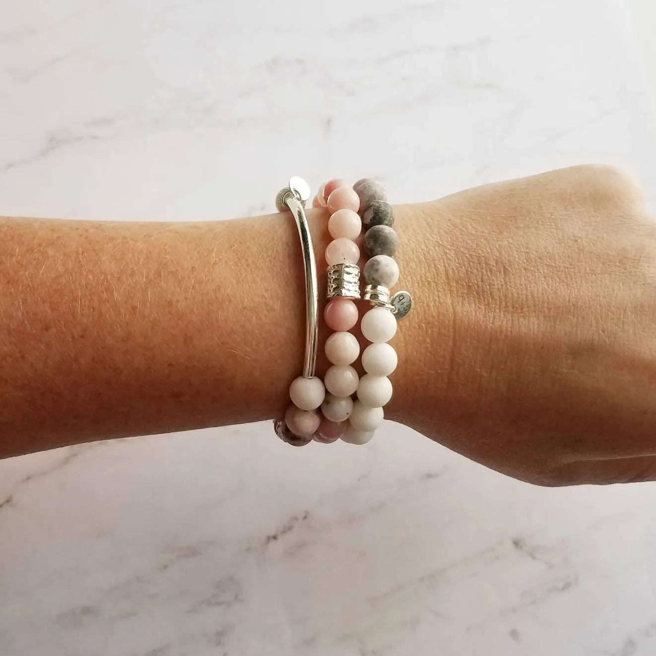 Pink Stretch Bracelet Set - white & zebra jasper/pink Peruvian opal/round matte grey gray stone beads/silver bead tube simple elastic
