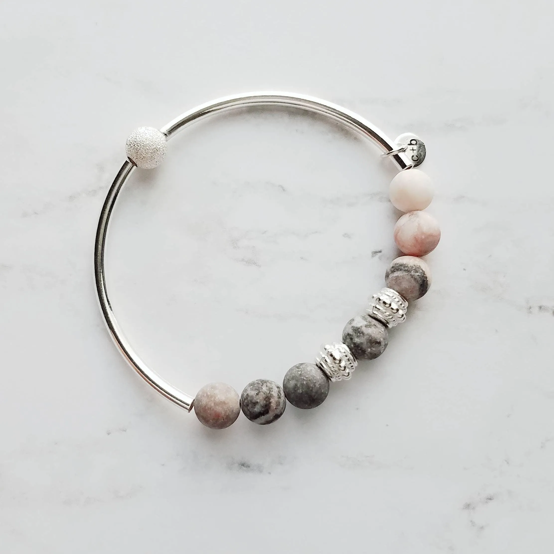 Pink Stretch Bracelet Set - white & zebra jasper/pink Peruvian opal/round matte grey gray stone beads/silver bead tube simple elastic