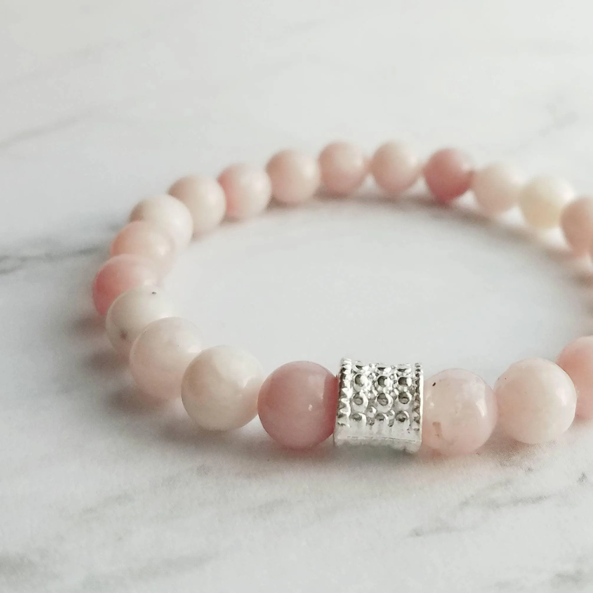Pink Stretch Bracelet Set - white & zebra jasper/pink Peruvian opal/round matte grey gray stone beads/silver bead tube simple elastic