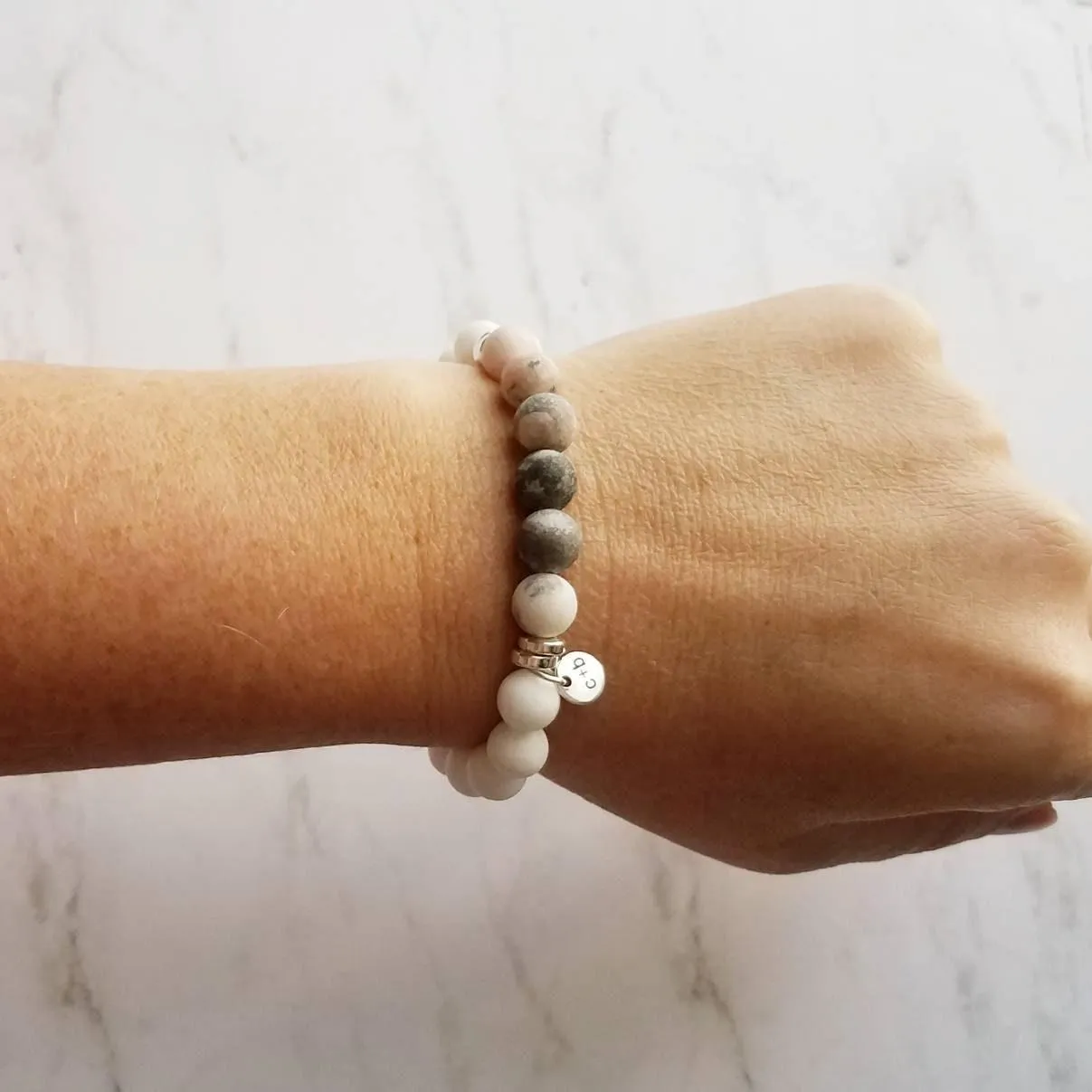 Pink Stretch Bracelet Set - white & zebra jasper/pink Peruvian opal/round matte grey gray stone beads/silver bead tube simple elastic