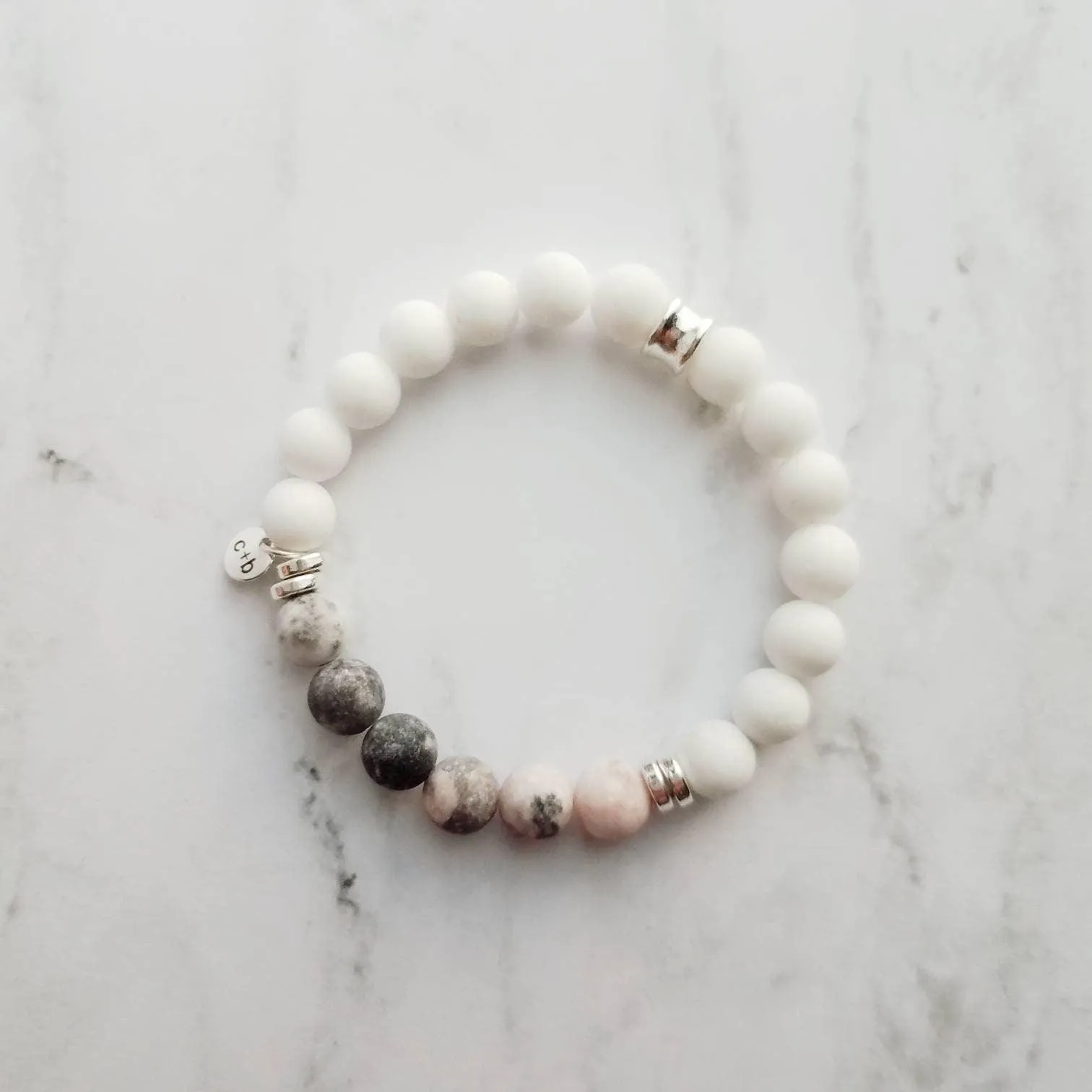 Pink Stretch Bracelet Set - white & zebra jasper/pink Peruvian opal/round matte grey gray stone beads/silver bead tube simple elastic