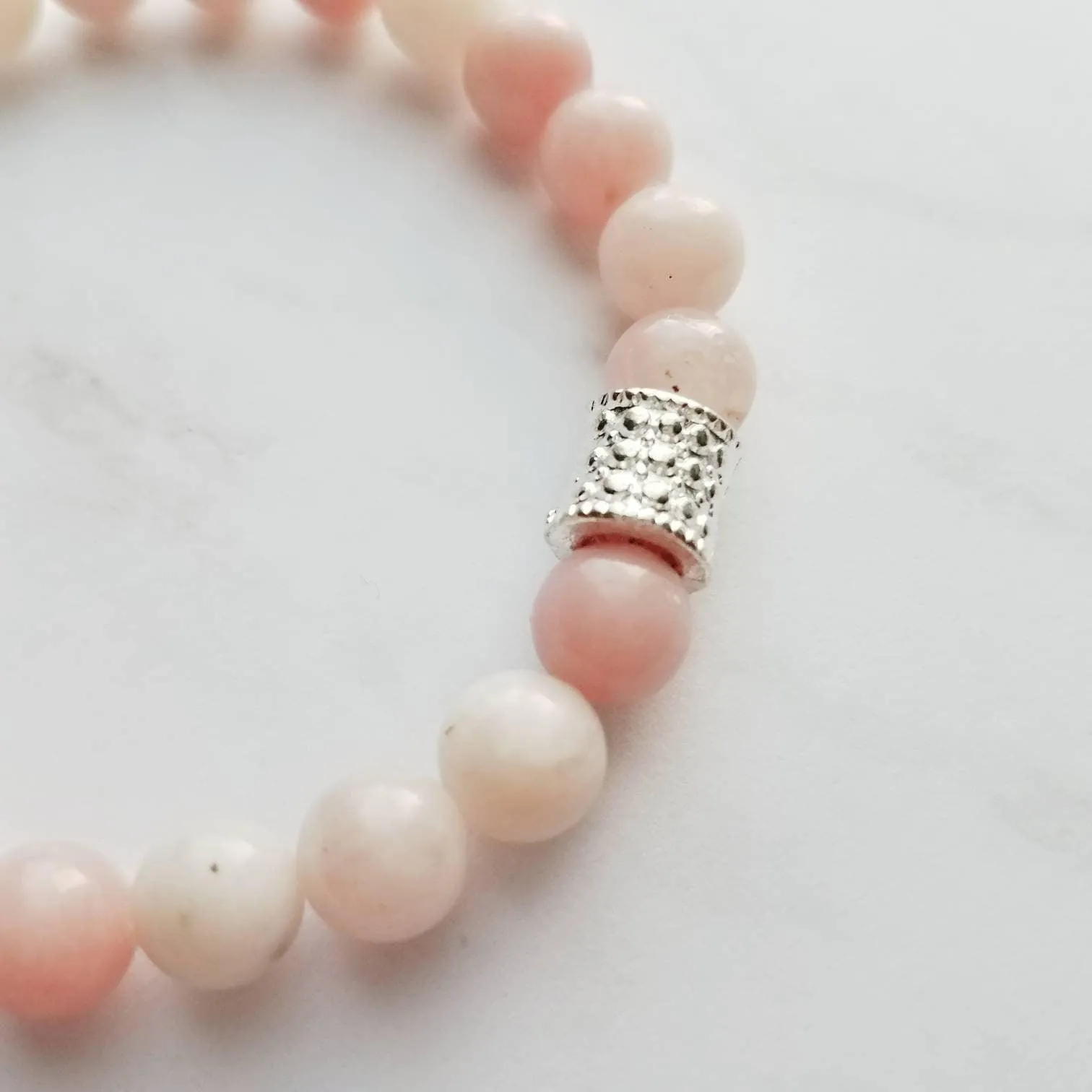 Pink Stretch Bracelet Set - white & zebra jasper/pink Peruvian opal/round matte grey gray stone beads/silver bead tube simple elastic