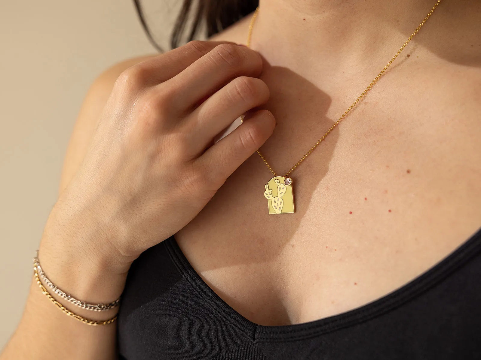 Prickly Pear Cactus Pendant Necklace in Gold