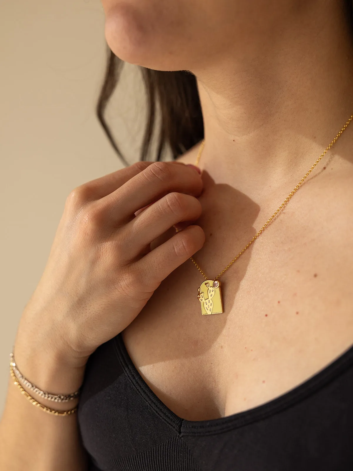 Prickly Pear Cactus Pendant Necklace in Gold