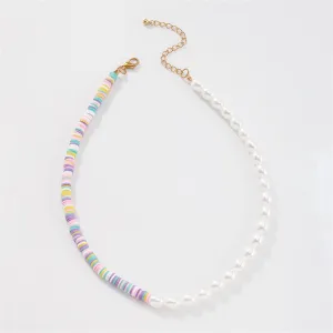 Purple Polymer Clay & Pearl Disc Beaded Necklace