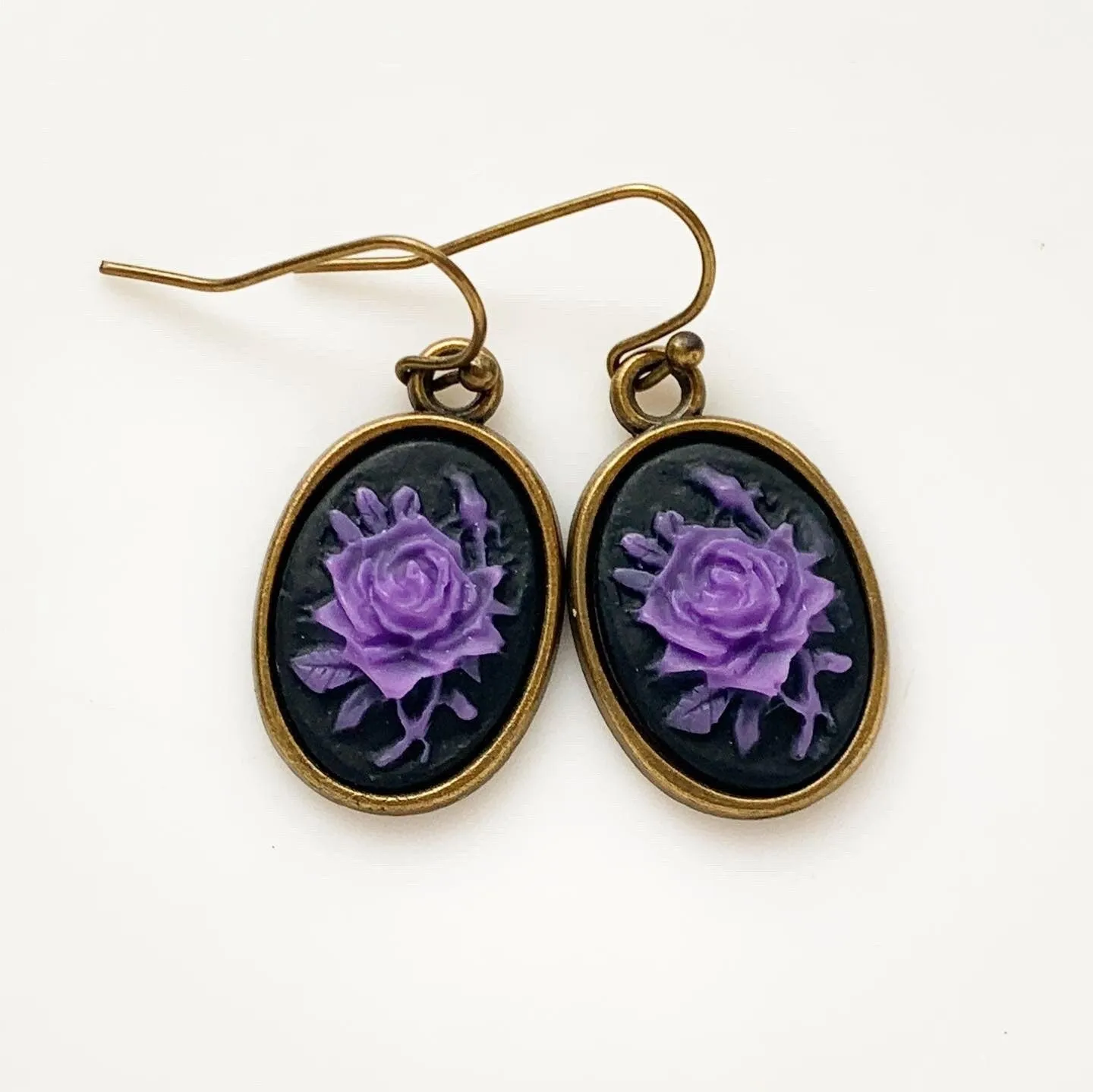 Purple Rose Cameo Earrings in Bronze