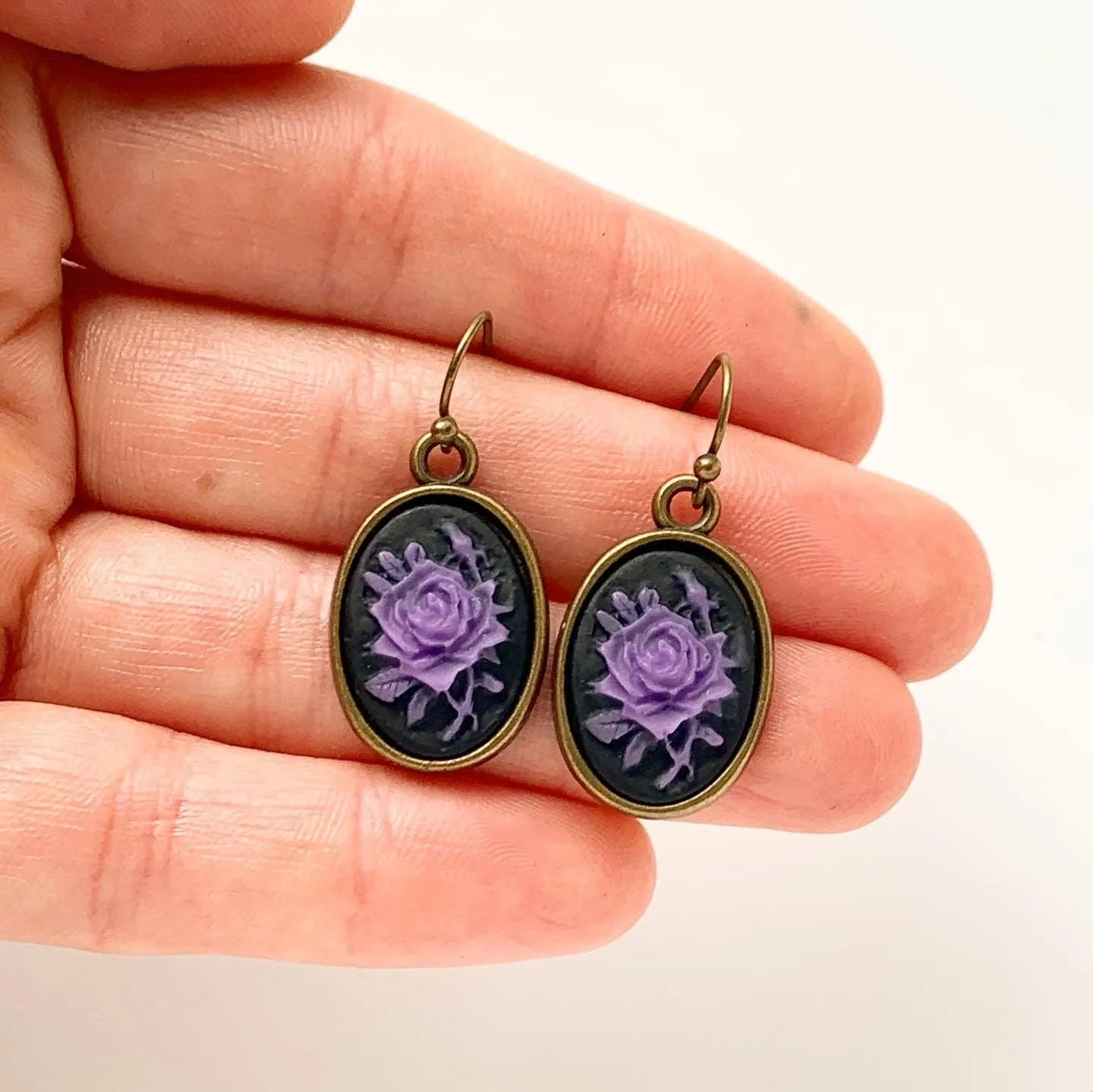 Purple Rose Cameo Earrings in Bronze