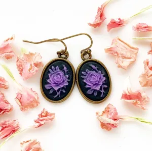 Purple Rose Cameo Earrings in Bronze