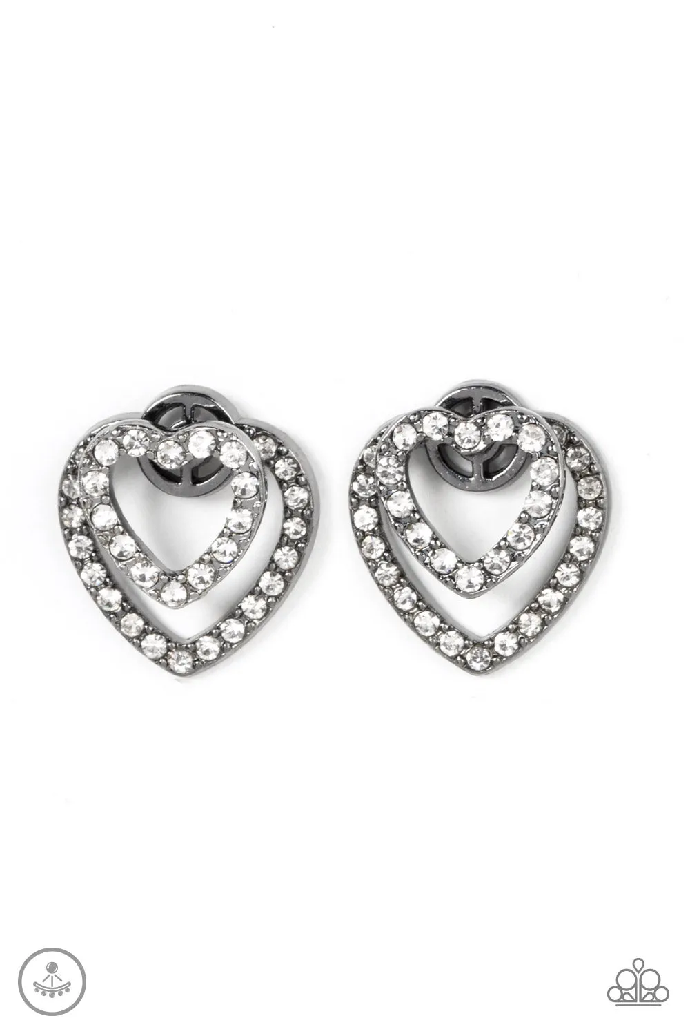 "Ever Enamored" Gunmetal & Clear/White Rhinestone Heart Ear Jacket Earrings