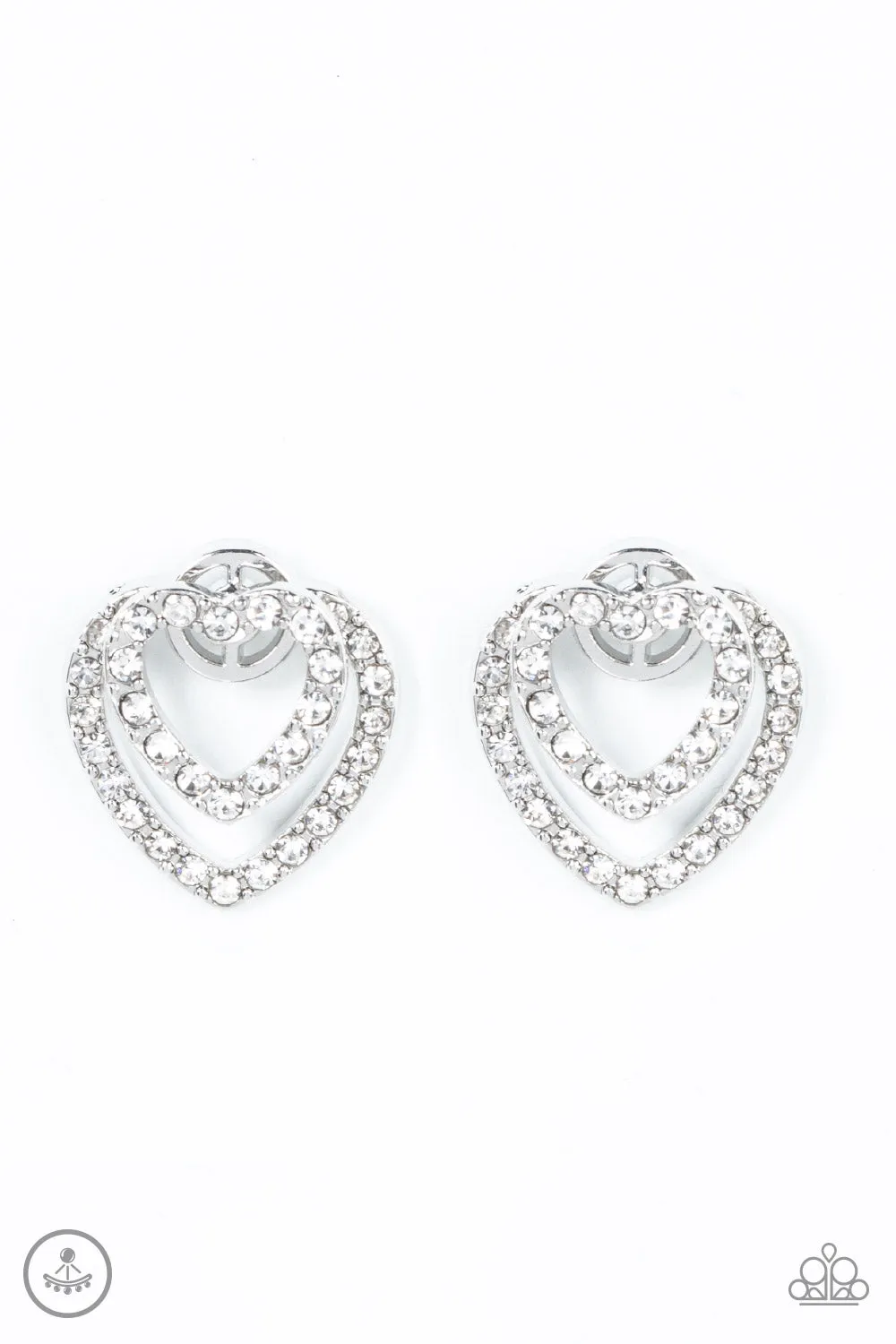 "Ever Enamored" Silver Metal & Clear/White Rhinestone Heart Ear Jacket Earrings