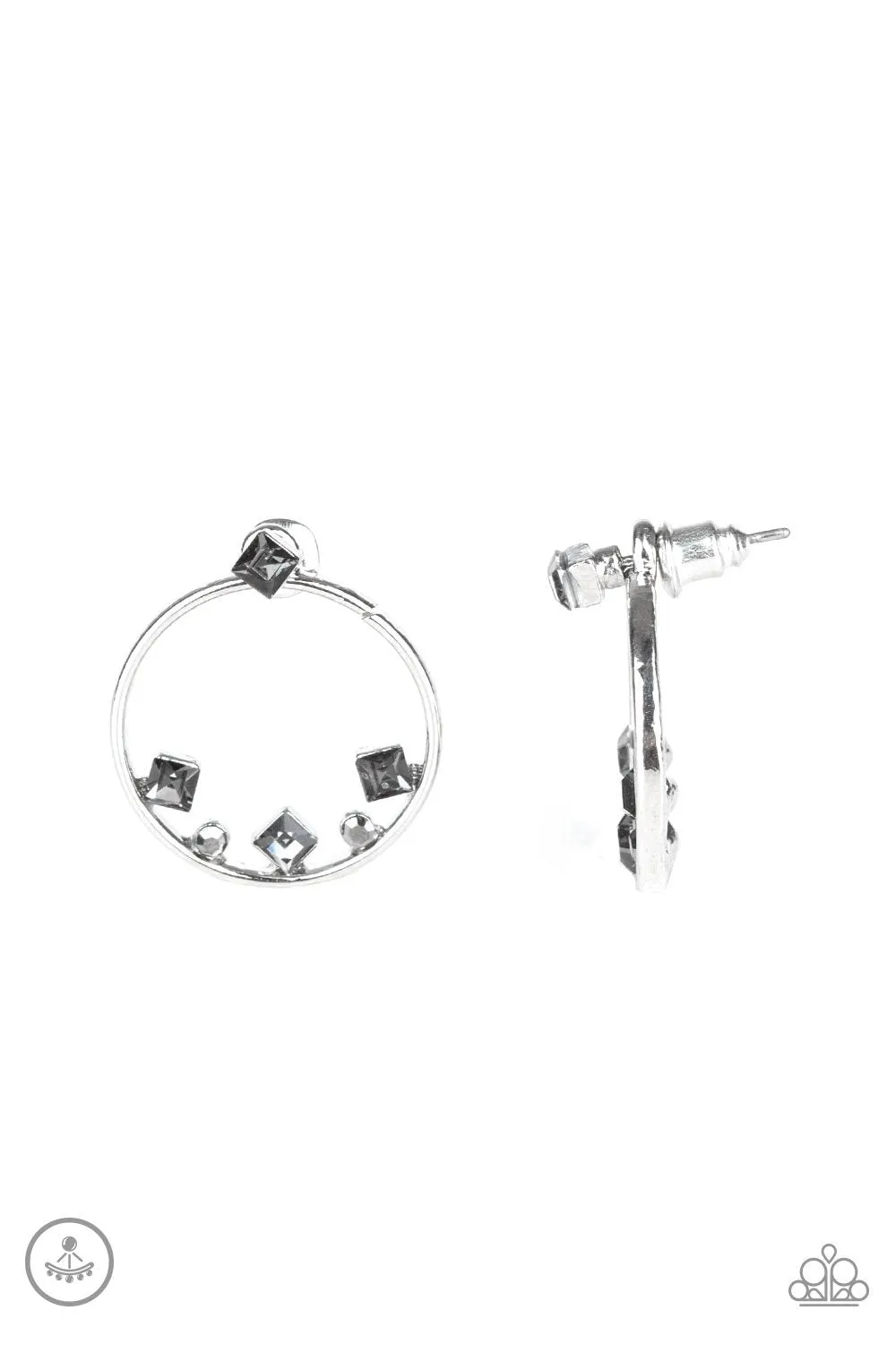 "Top-Notch Twinkle" Silver Metal Smoky Gray Rhinestone Ear Jacket Earrings